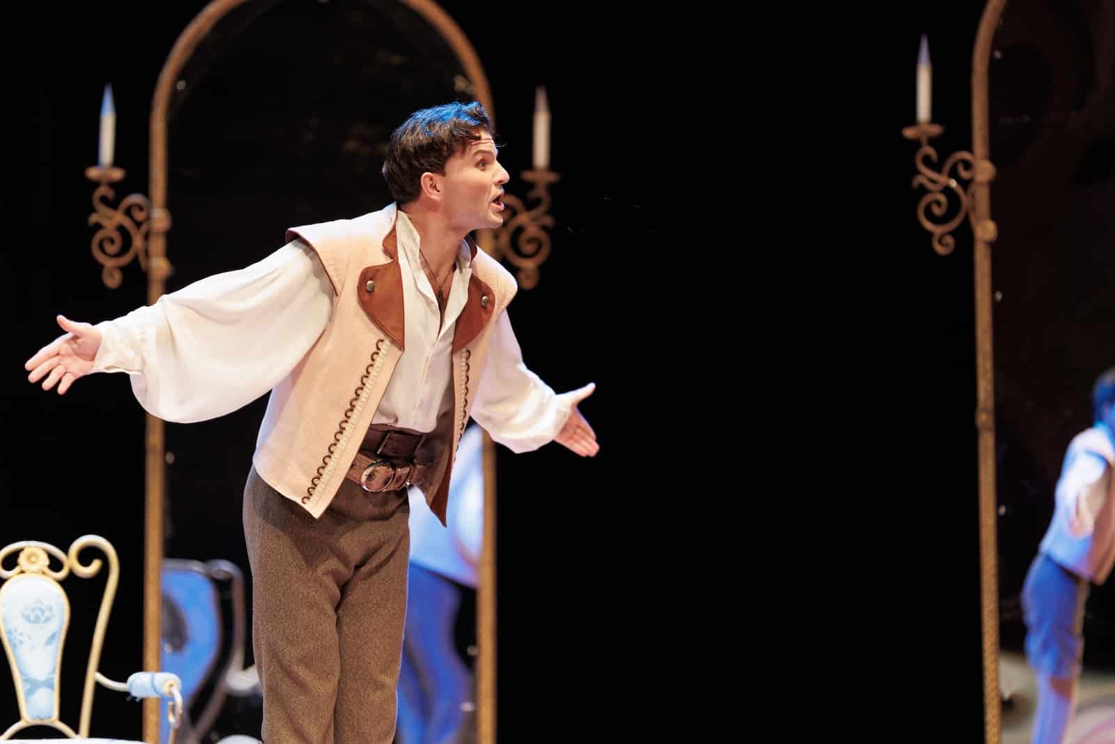 Actor men in old clothes play on stage theater at the Charlottesville Opera